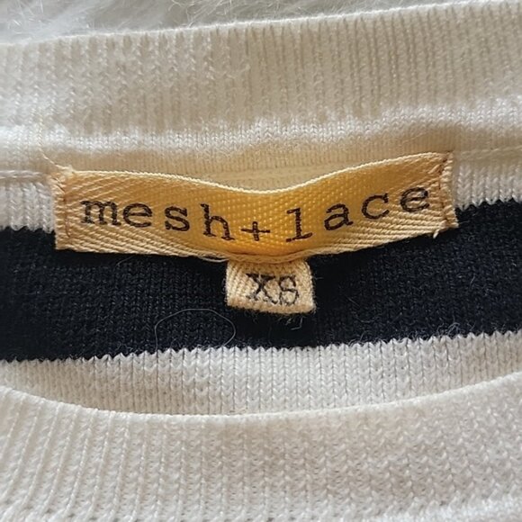 MESH + LACE Black Cream Striped Contrast Red Cuff Crewneck Knit Boho Sweater XS - Picture 4 of 9